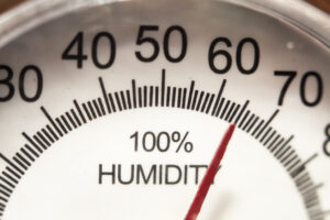 Close-up of a humidity gauge with red needle indicating 65% humidity.