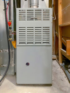 Gas furnace in a home's basement.