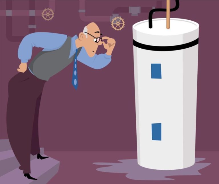 Animated graphic of homeowner inspecting leaking water heater in basement.