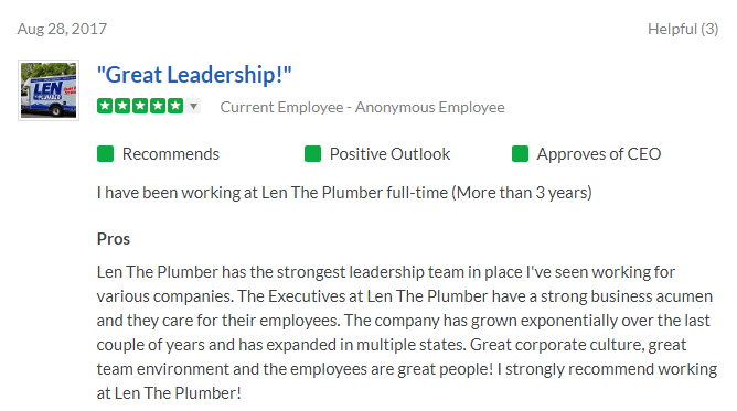 Snapshot of a positive 5-star review on Glassdoor from an employee at Len the Plumber. 