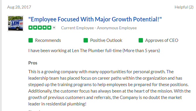 Snapshot of a positive 5-star review on Glassdoor from an employee at Len the Plumber. 