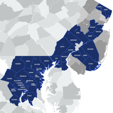 Len The Plumber highlighted map of Baltimore, Washington, D.C., Northern VA area